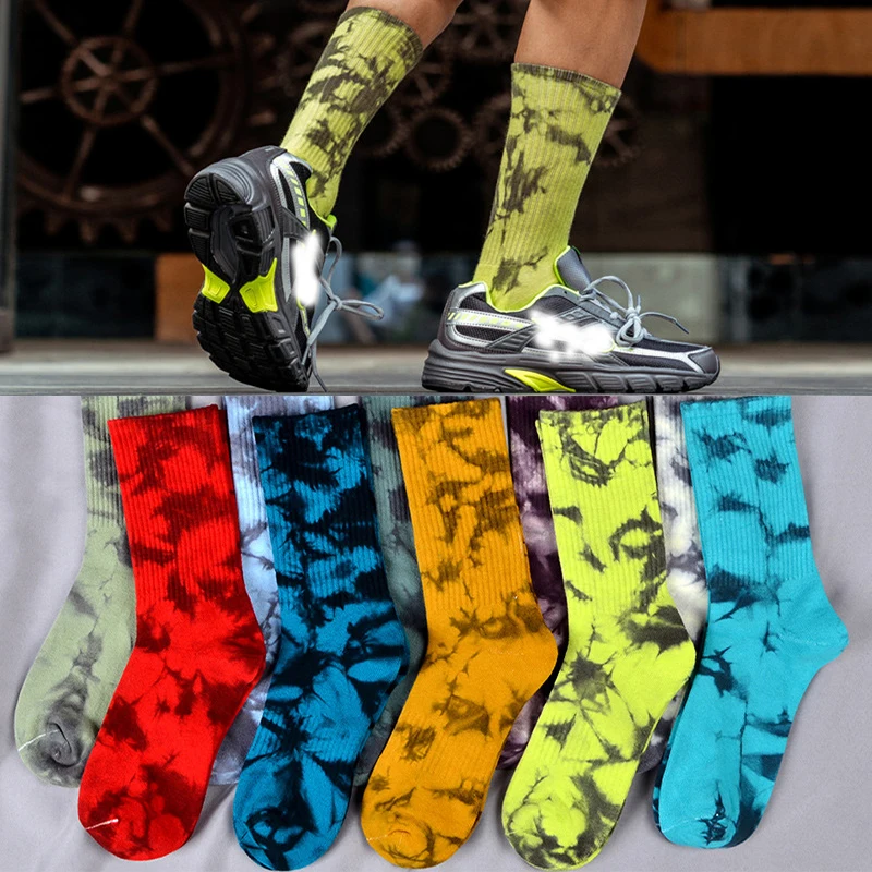 Chaussettes tie-dye pour hommes et femmes, chaussettes en coton, coupe haute, Ins Street Tide, Skateboard européen et américain, chaussettes de Couple à Tube Long