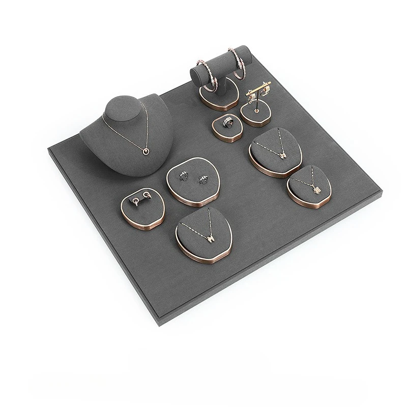 

New Grey Microfiber Metal Jewelry Flat Cabinet Necklace Ring Jewelry Display Stand Trapezoidal Display Board