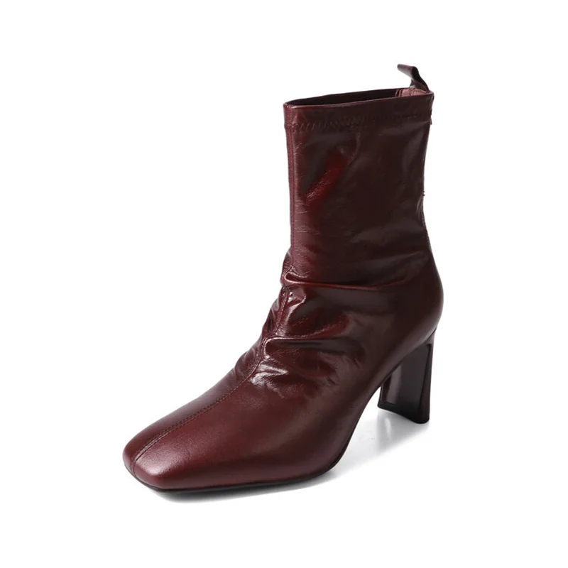 Burgundy Genuine Leather Square Toe Chunky Heels Solid Pleated Boots Retro Botas Sewing  Runway Cozy Fashion Modern Shoes Zipper