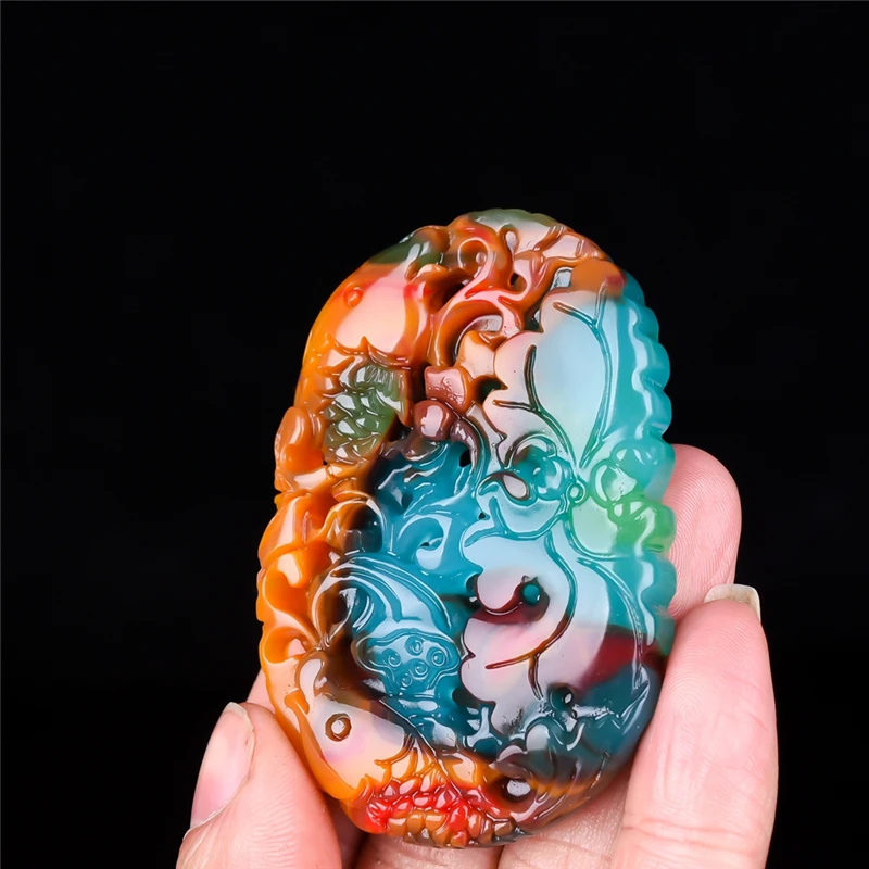 Natural Color Jade Fish Lotus Original Ecological Pattern Pendant Chinese Necklace Carved Charm Jewelry Amulet Fengshui Jewelry