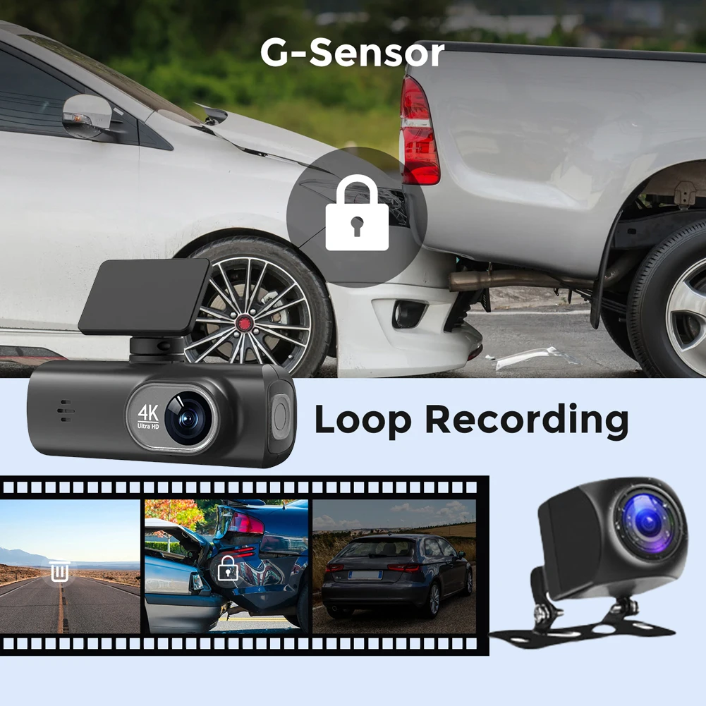 

4K видеорегистратор для вождения, 24-часовой парковочный монитор, двойной объектив, автомобильный рекордер Smart Connect, 1,47 дюйма, IPS-экран, поддержка 256 ГБ, макс.