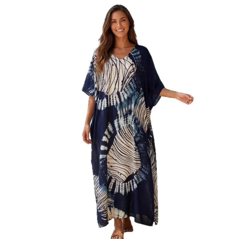 Elegant Floral Print Rayon Beach Cover Up Kaftan Dress Loose Fit Summer Resort Wear for Women Tropical Vacation Poolside Outfit
