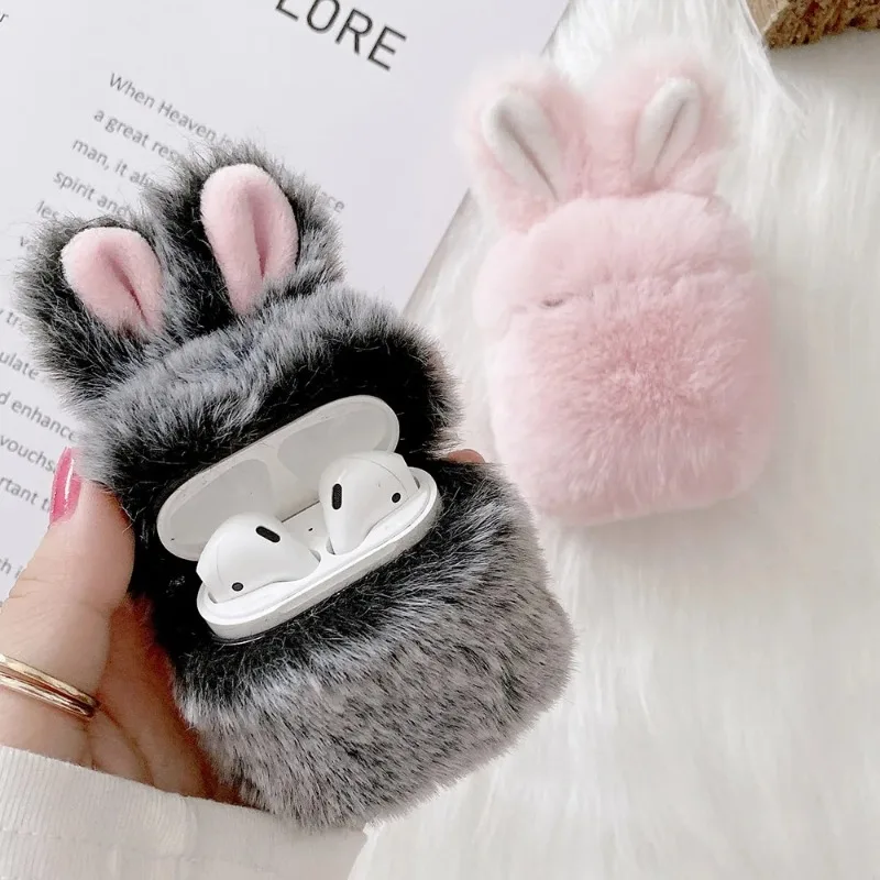 Cute Plush Rabbit Ear Protector Case for AirPods 1 2 Pro Wireless Charging Box Soft Fluffy Plush Protector Cover for Airpods