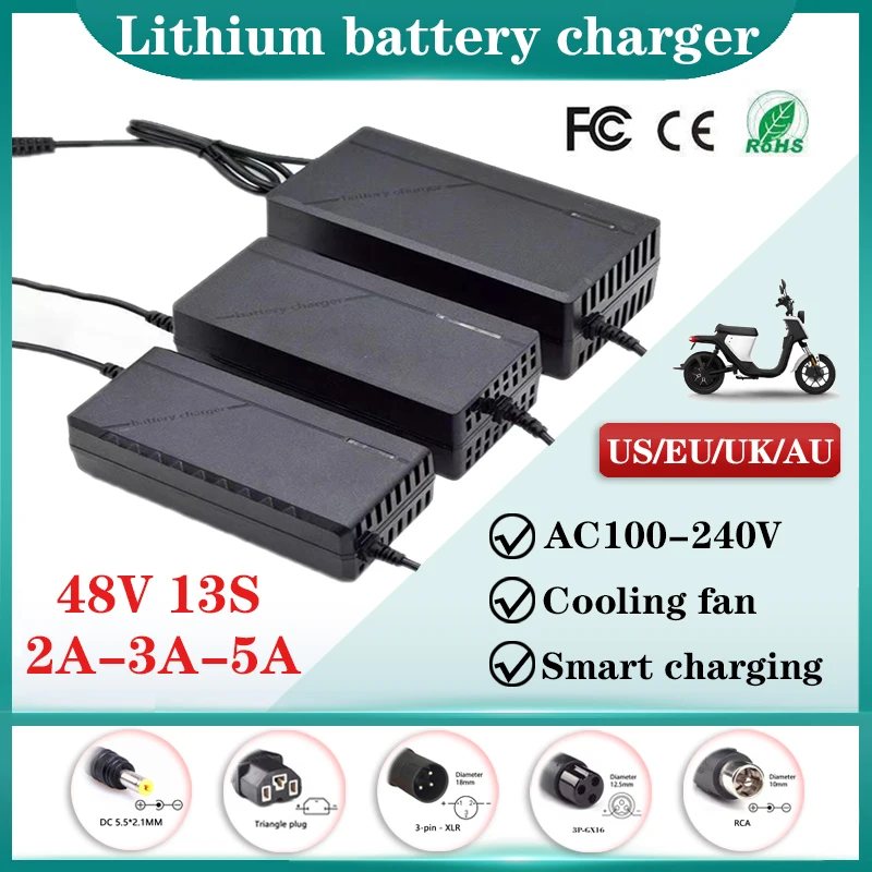 48V 2A 3A 5A ebike Lithium Smart Charger 100-240V Fan For 13S 54.6V Electric tool Li-ion battery pack Fast charging EU/US/UK/AU