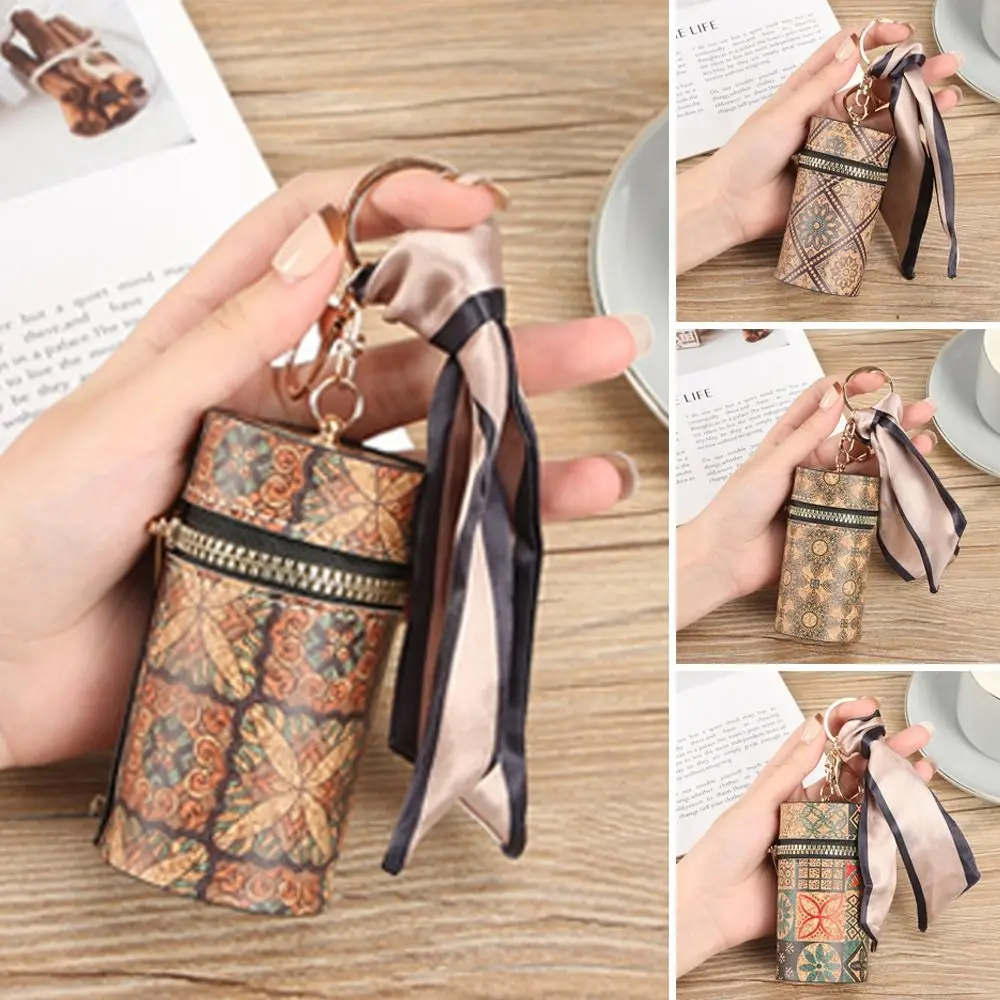 Retro PU Mini Lipstick Bag Cylindrical Cartoon Printed Bucket Bag Wood Grain Key Coin Purse for Woman Girls