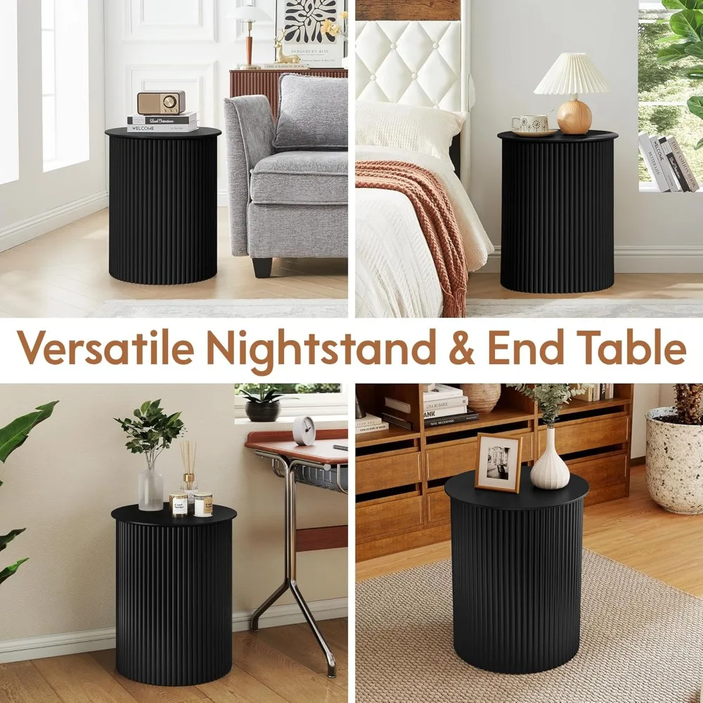 مجموعة طاولات جانبية مخددة حديثة لمنتصف القرن مكونة من 2، 17.7 منضدة خشبية مستديرة، طاولات بجانب السرير معاصرة