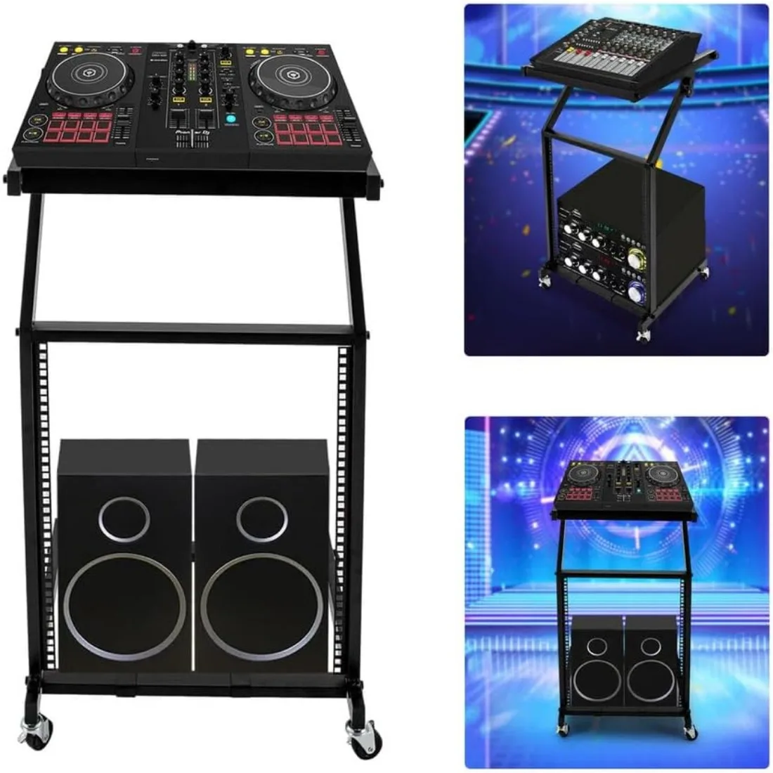

Профессиональная подставка для DJ 16U, сверхмощная регулируемая стойка для оборудования с запираемыми колесами, защитой от ржавчины и 6 углами (черный)