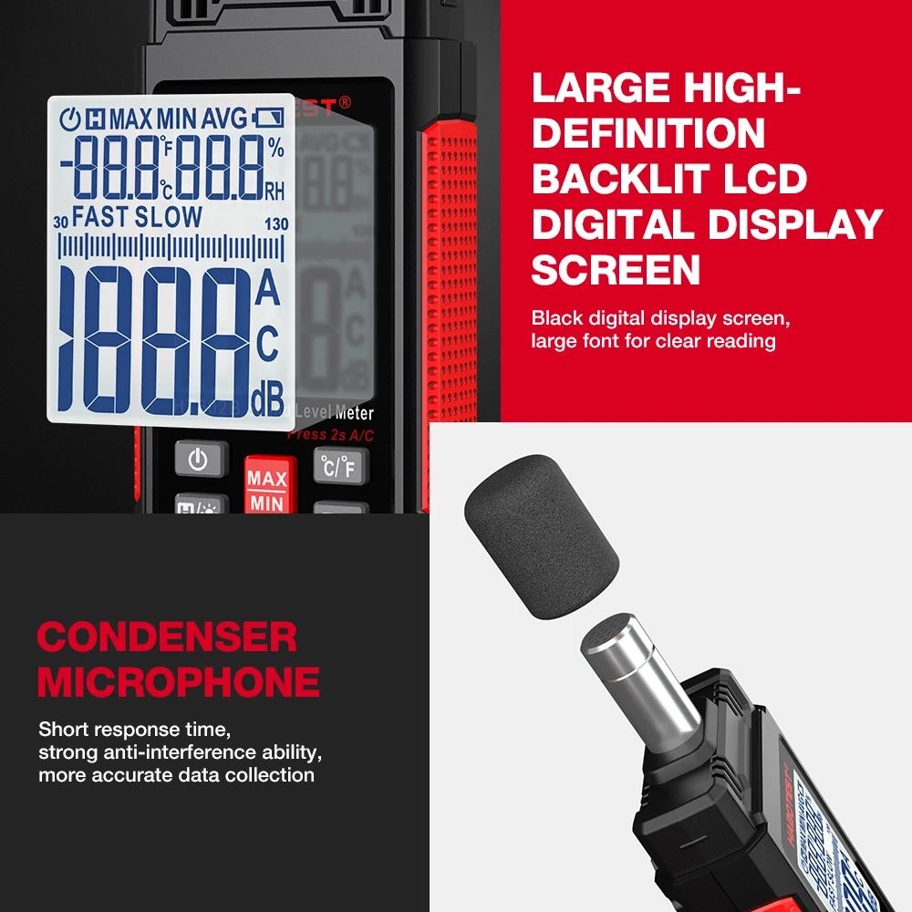 HABOTEST HT602 Sound Level Meter Digital Handheld DB Meter Sonometros Noise Audio Level Meter 30-130dB Decibels Mini Sound Meter