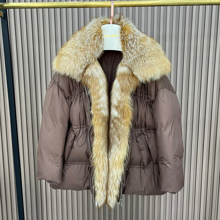 Casacos grossos de ganso quente para mulheres, colarinho de pele de raposa natural, outwear feminino, puffer jaquetas, nova moda, inverno