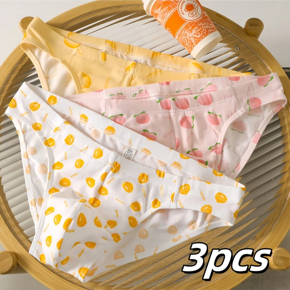 

Три комплекта мужских милых и уникальных хлопковых трусов с фруктовым принтом, удобных и приятных для кожи трусов для молодых мужчин, дышащее домашнее повседневное нижнее белье с низкой посадкой
