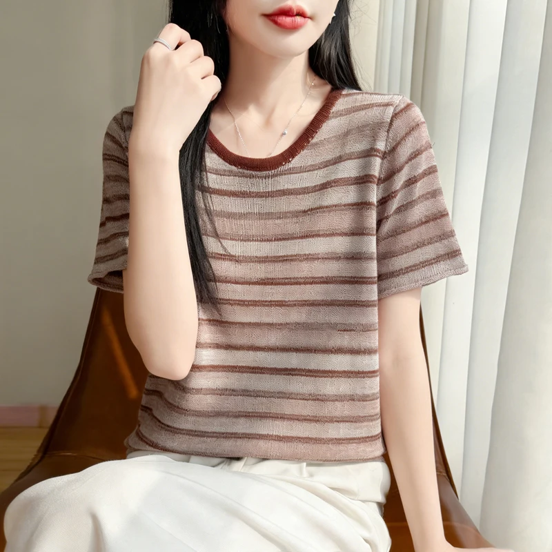 Light and thin striped cashmere knitted short-sleeved T-shirt female slim blouse
