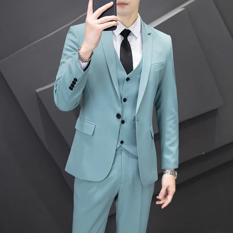 High-end Suit suit Men's Full Set Korean-style Slim-fit British-style Solid Color Suit Business Dress Large Size