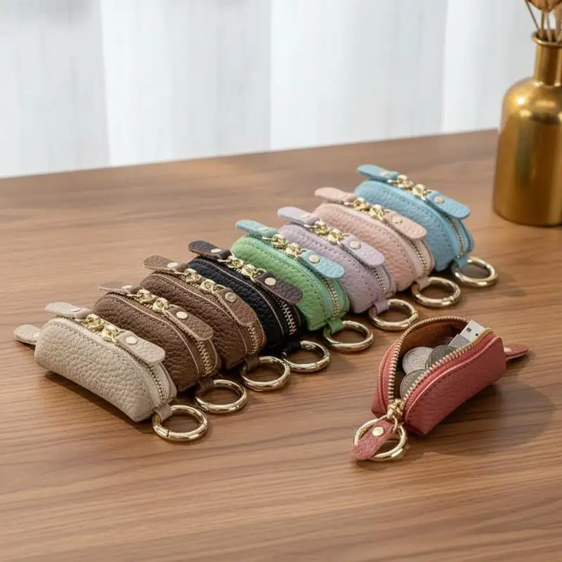 Mini Leather Coin Purse With Key Ring Minimalist Zipper Pouch For Men Women Small Portable Leather Change Holder