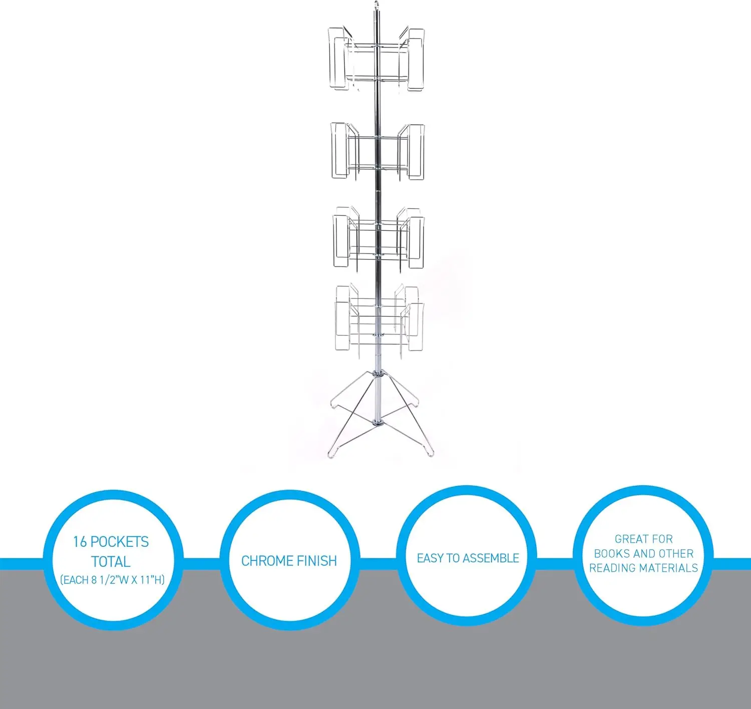 re Rack - 64'H x 16"D - 16 Pockets Total - Sleek Floor Standing Book Display Rack for Periodicals - Sturdy Comic Book Display St