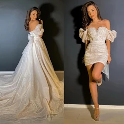 Vestido de novia de dos piezas de manga corta de princesa, tren desmontable, vestidos de fiesta de noche, vestidos de novia con purpurina