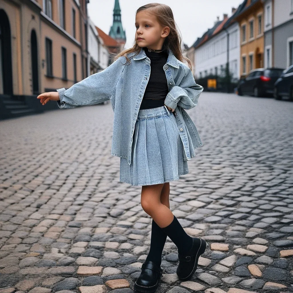 

Girls Outfits Set 2025 Spring Blue Denim Shirt Pleated Skirt 2pcs Teen School Kids Clothes Fashion Streetwear Children Costumes