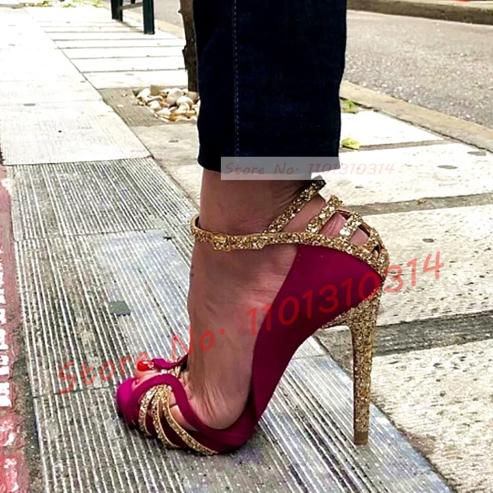 

Fuchsia Suede Gold Glitter Sandals Women Sparkly Cross Strap High Heels Shoes 2023 Summer Mixed Colors Peep Toe Bridal Sandals