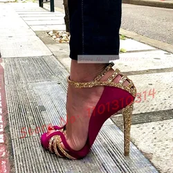 Fuchsia Suede Gold Glitter Sandals Women Sparkly Cross Strap High Heels Shoes 2023 Summer Mixed Colors Peep Toe Bridal Sandals