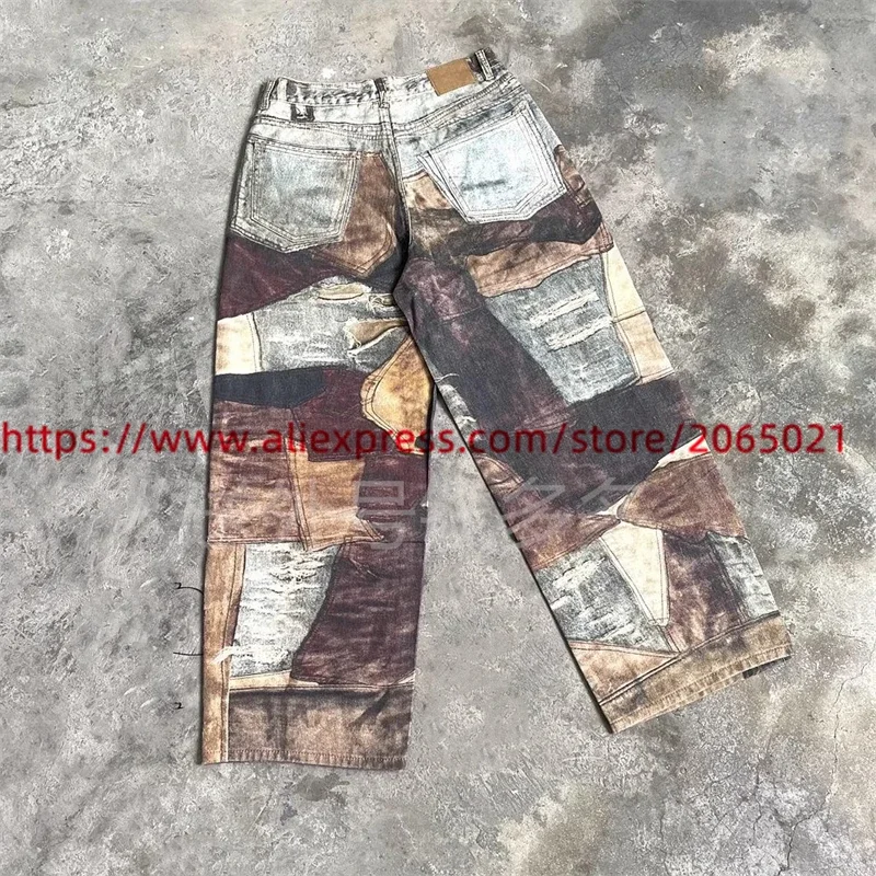 Retro Camouflage Tie Dye Hole Patchwork CARGO Workwear Pants Men Women Multi Pocket Jogger Drawstring Sweatpants