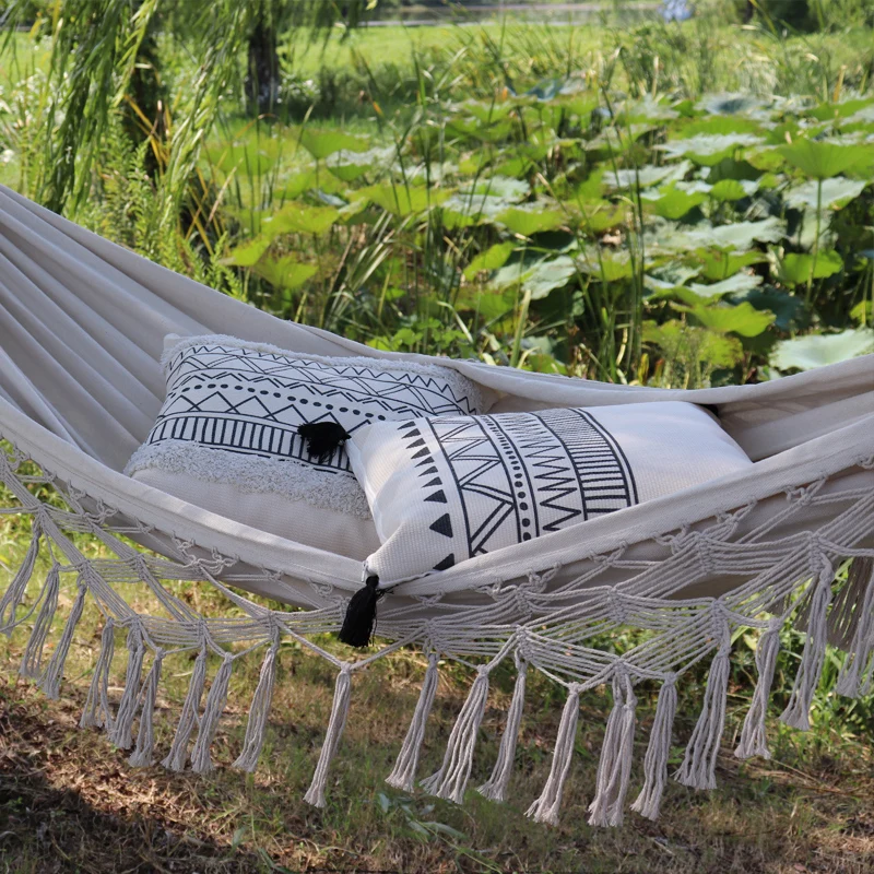 Outdoor Garden Hammock Tassel Canvas Swing Chair Hanging Bed Hiking Camping Hunting Foldable Hammock Photo Props