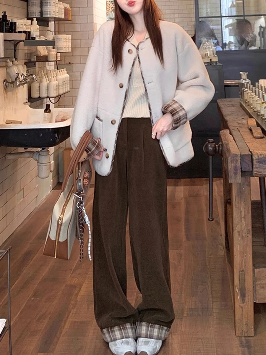 Jaet fourrure d'agneau femmes ort Thiened coréen Sle intercé en cuir et fourrure vêtements de sortie d'hiver trajet Sle coupe ample