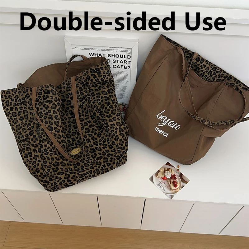 

New Niche Design Leopard Print Shoulder Bag for Women Large Capacity Reversible Canvas Bag, High-Value Fashionable Shoulder Bag