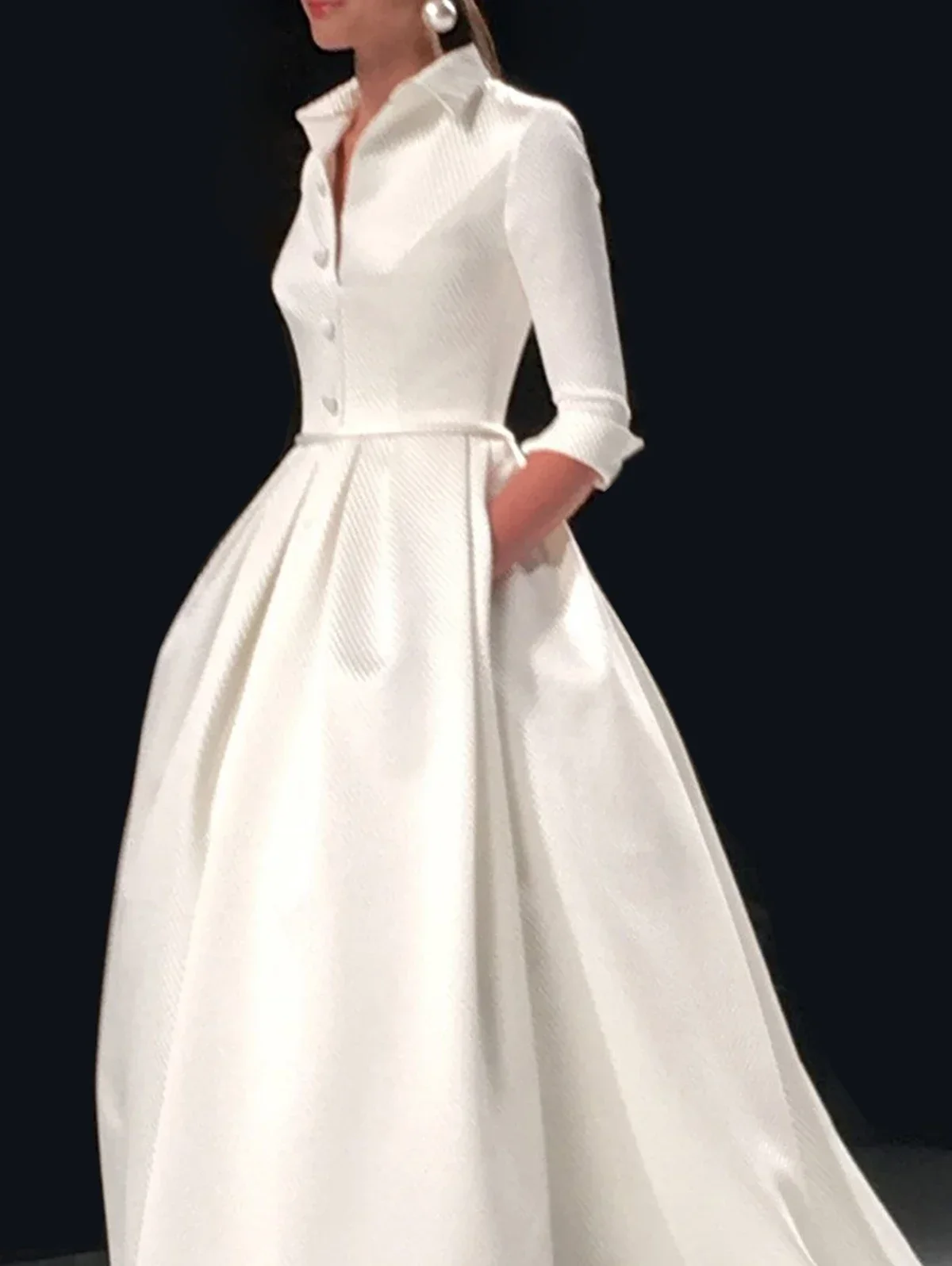 Elegant Women Long Dress Lapel Collar Button A-Line Pockets Solid Wedding Guest Cocktail Dress with Belt Half Sleeve Satin Dress