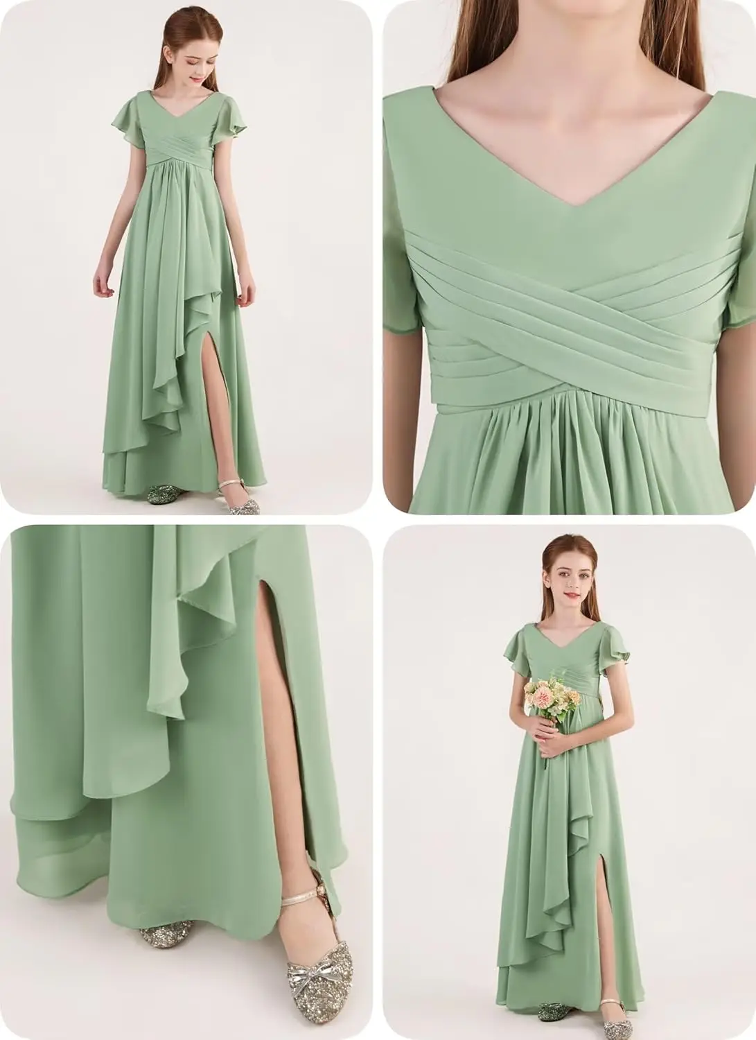 فستان وصيفة العروس للفتيات على شكل حرف a من الشيفون على شكل حرف v وأكمام مكشكشة فستان رسمي لحفلات الزفاف فستان فتاة الزهور