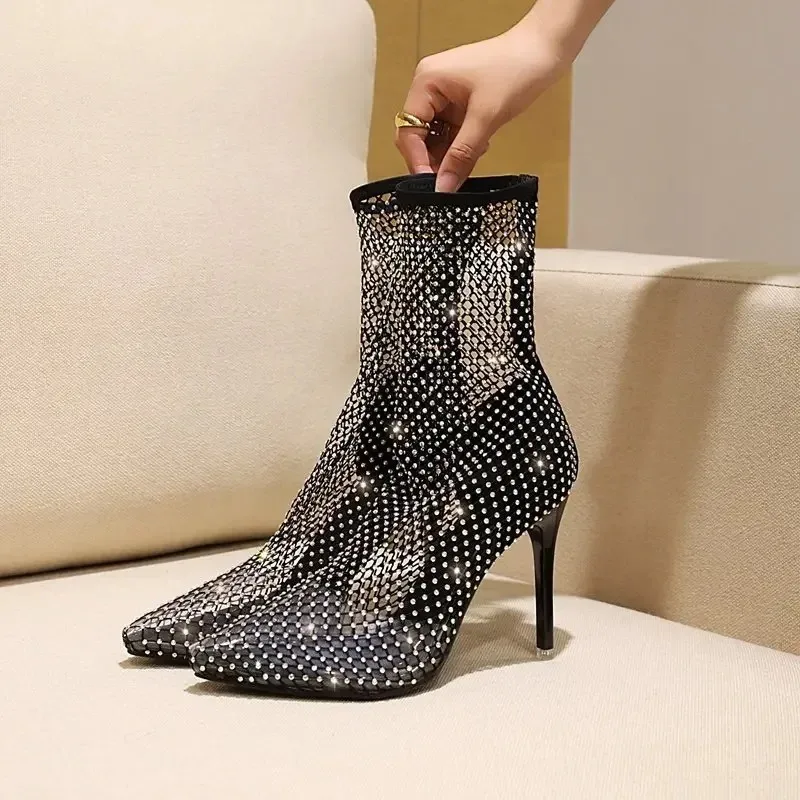 Summer Knee High Sandal Boots Luxury Women Sexy Rhinestone Pointed Toe Thin Heels Thigh Mesh Sock Shoes Botas De Mujer