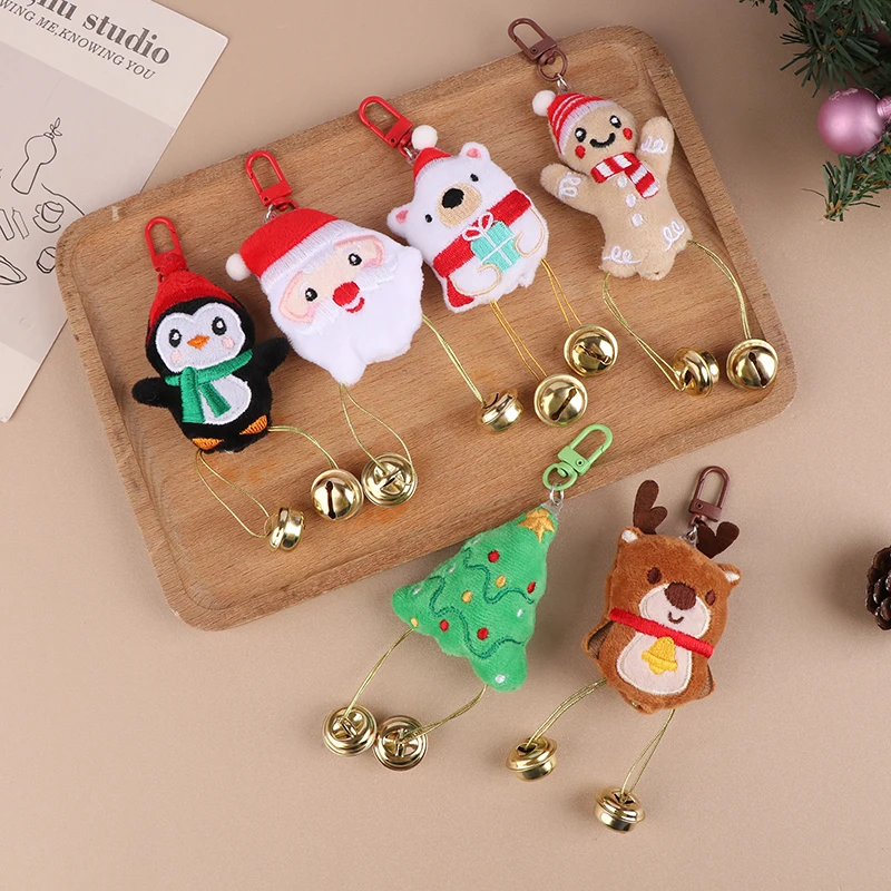 Cute Christmas Plush Bell Keychain Xmas Tree Santa Claus Elk Penguin Plush Doll Keyring Bag Pendant Christmas Hanging Decor