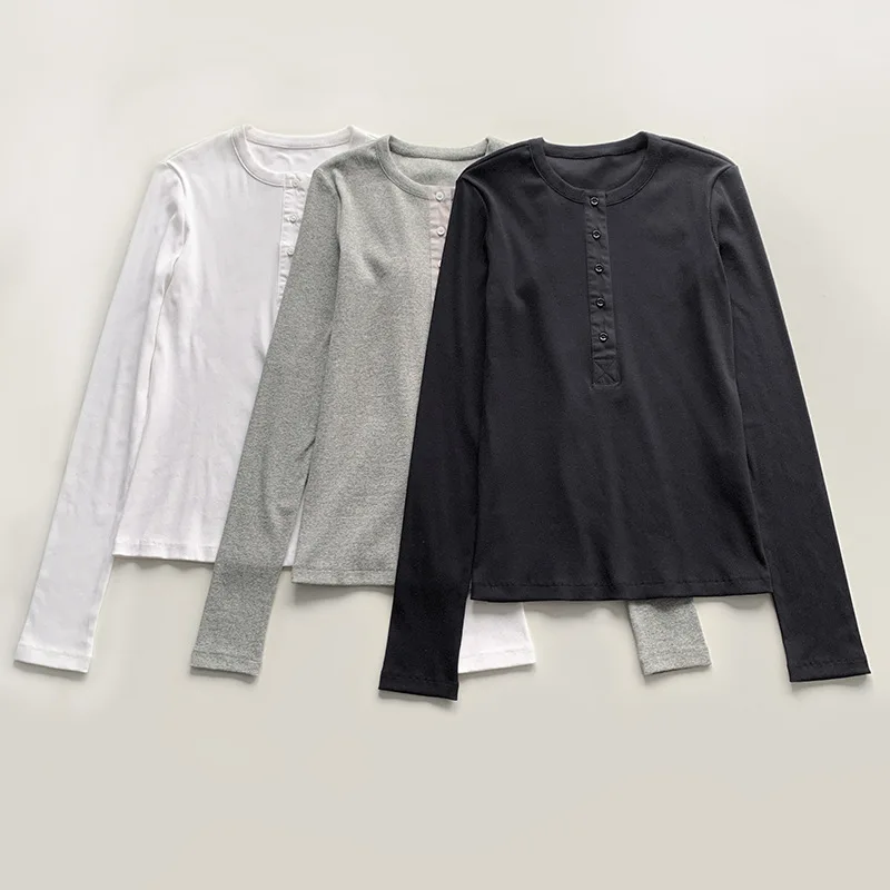 

Withered Threaded Long Sleeved T-shirt Niche Generous Slim Fit Curved Elastic Organic Cotton T-shirt Women's Top