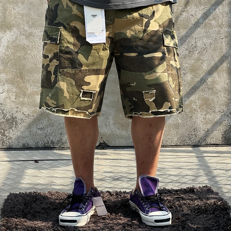 Mens Summer Heavyweight Cargo Shorts ยุทธวิธีหลายกระเป๋า Casual Ripped Patchwork ผ้าฝ้ายกลางแจ้งอินเทรนด์ทหารสั้นกางเกง
