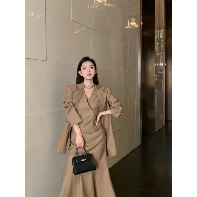 Lnsozkdg High-end Women Suit Vest and Skirt Three-piece Set 2024 Spring Autumn Office Lady Blazer Jacket Top Mermaid Skirt Suits