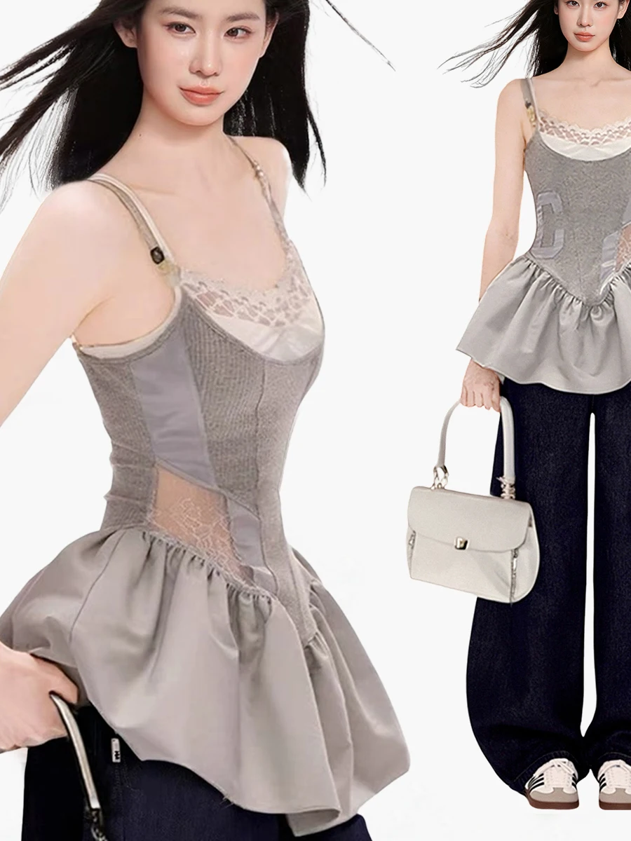 

Летний жилет с кружевной отделкой и бретельками, женский модный жилет с поясом, балетный топ, верхняя одежда, повседневная одежда