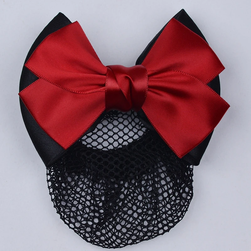 Satin Bow Hair Net Barrette Double Bowknot Hairnet Bun Net Headwear Flight Attendant Ribbon Hair Clip Hair Bun Cover Net