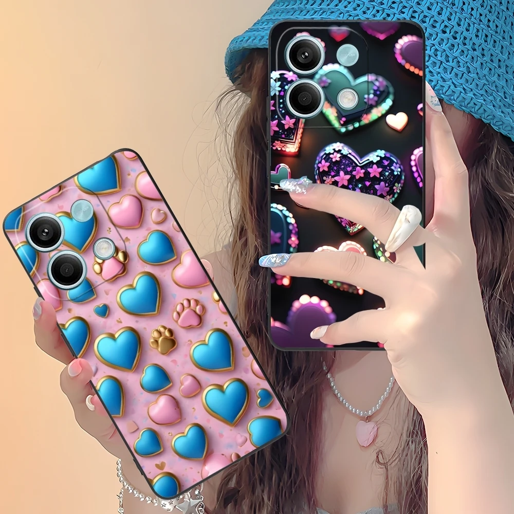 Y2K Glowing Love Hearts Mobile Phone Case for Xiaomi Redmi Note 13 12 11 10 9 8 7 6 S A Pro Lite Plus 5G Black Phone Cover Shell