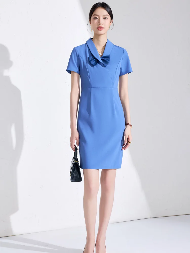 Gray bow short-sleeve dress for women2025Summer CommutingOLProfessional workwear, work uniform, hip-hugging short skirt