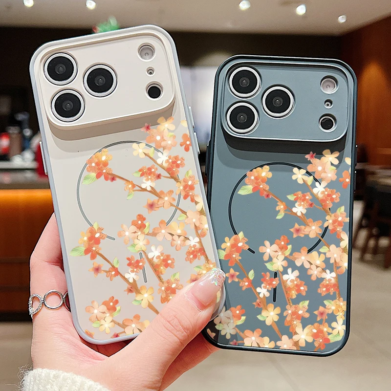 Orange kleine Blumen magnetische Hülle für iPhone 17, 16, 15, 14, 13 Pro Max für Magsafe Wireless Charge Lens Protect Hard Phone Cover