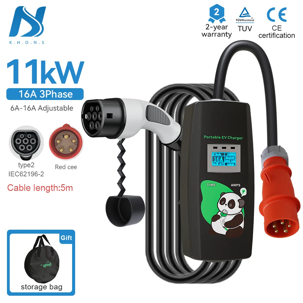 Khons 11KW Caricabatteria per auto elettrica 3 fasi 16A Caricatore portatile Type2 EVSE Scatola di ricarica Cee Plug IEC62196 Caricabatteria per auto elettrica