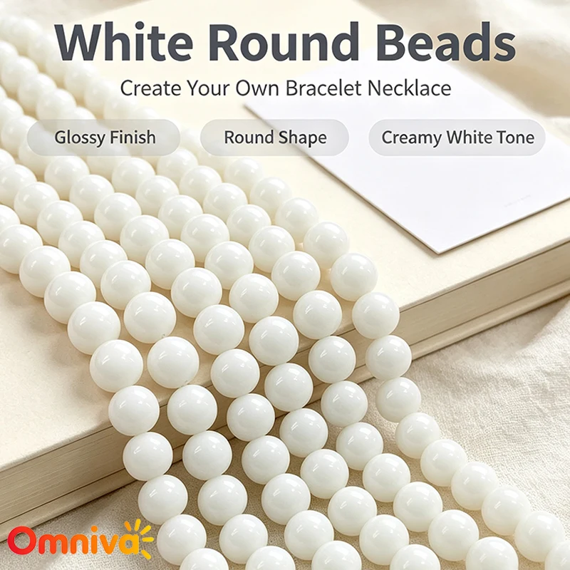 Perles en verre rondes lisses blanches en porcelaine, opaques et polies, pour la fabrication artisanale de bracelets, colliers et boucles d'oreilles DIY