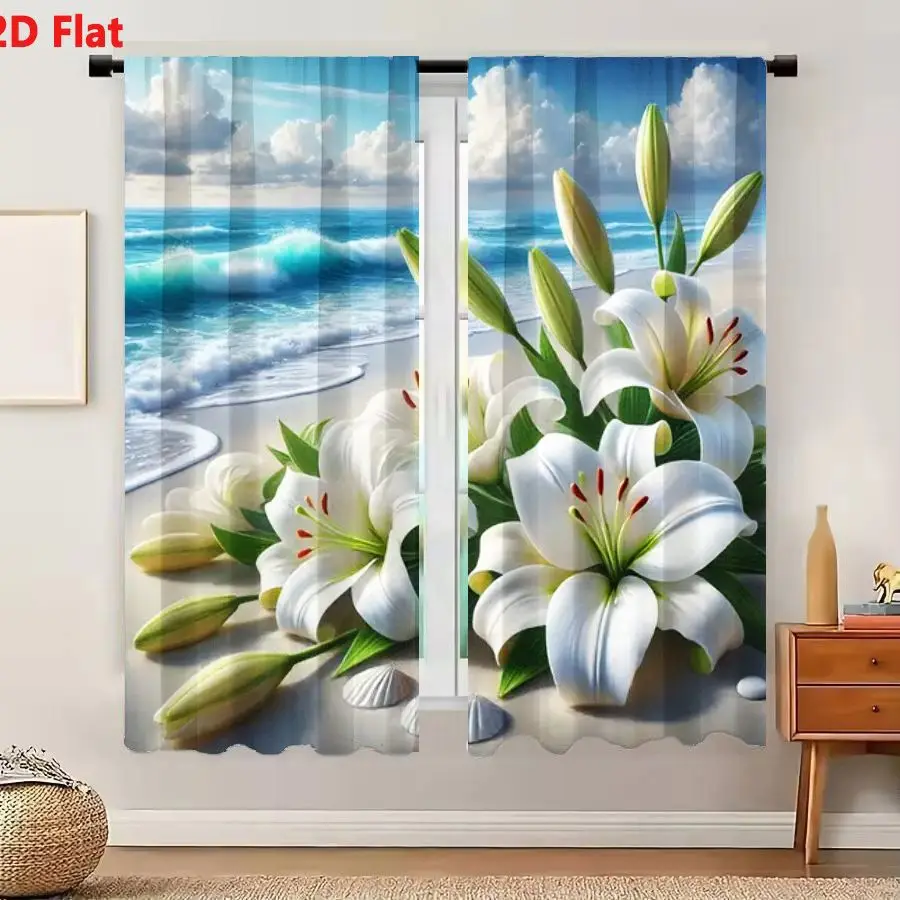 2Pcs Curtains 2D Flat Serene Beach Scene With Turquoise Waves Sandy Shore Fluffy Clouds And Vibrant White Lilies Seashells On Sa
