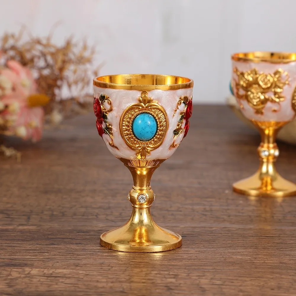 Flower Embossed Rose Chalice Goblet Zinc Alloy Rhinestone Synthetic Turquoise Wine Cup Decorative European Style