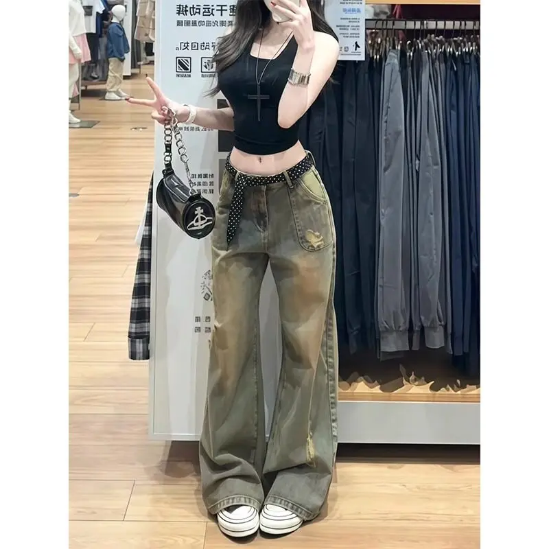 Retro American Desert Style Women's Low Waist Wide Leg Jeans Torn Loose Fitting Floor Length Straight Cut Spring Long Pants