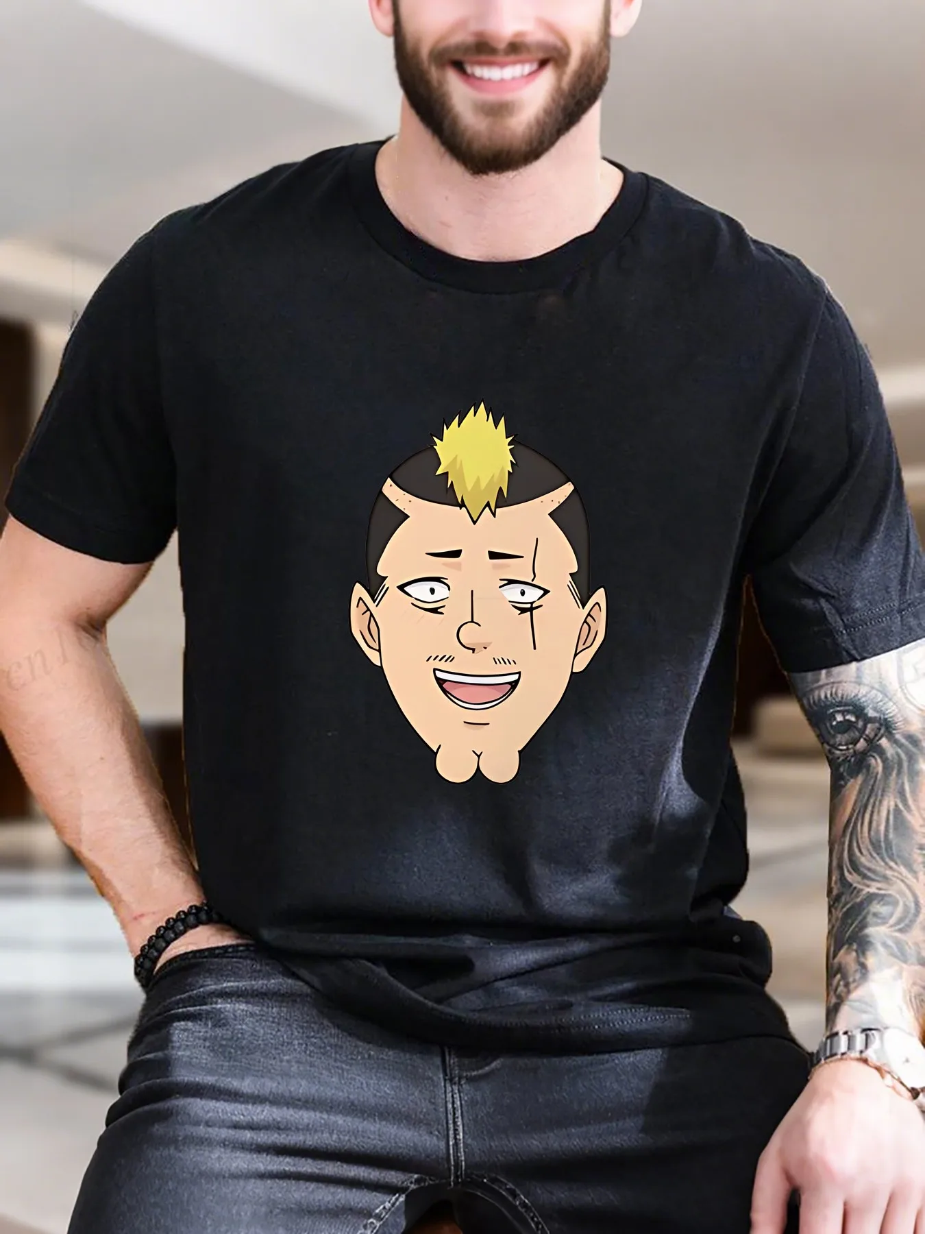 

New Arrival Fashion Men's Cotton Printed T-Shirt Stylish Cartoon Yellow Hair Character Design Breathable Comfortable Casual Wear