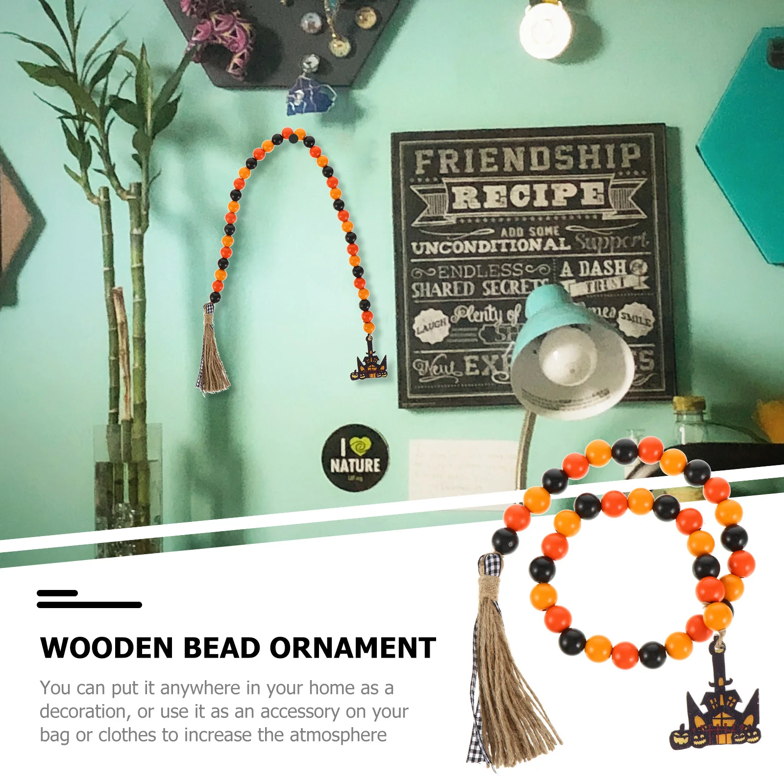 

1Pcs Creative Halloween Pendant Haunted House Hanging Ornament Party Decorative Rustic Wooden Bead Tassel String