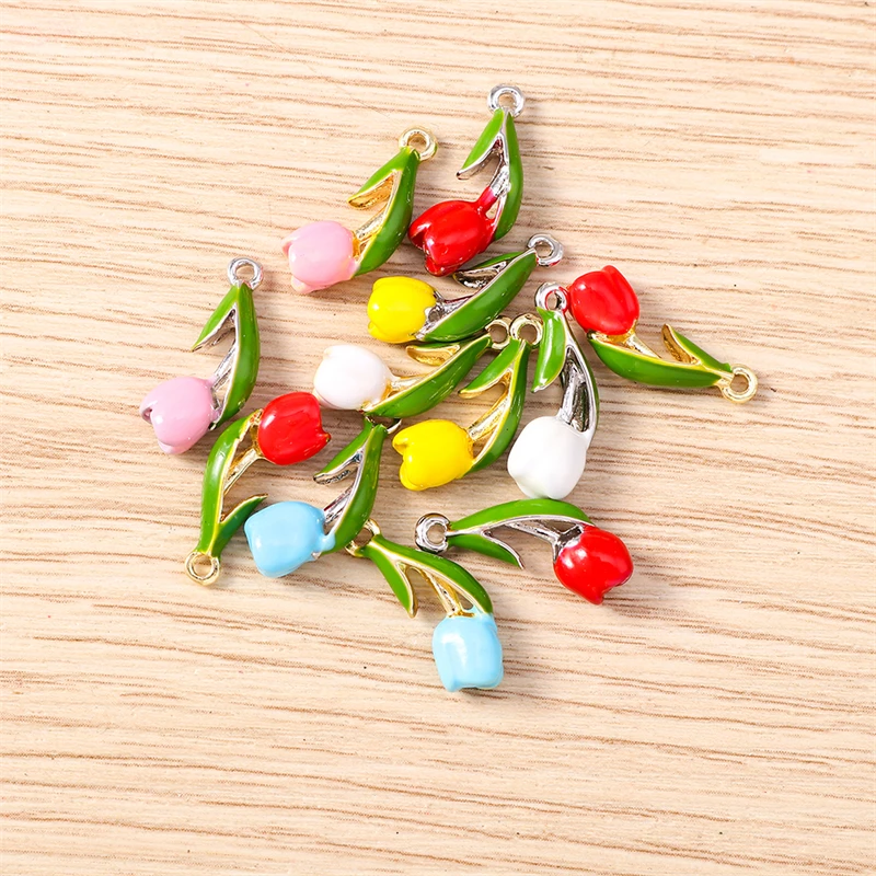 5 Stück 7x17mm Niedliche Bunte Emaille-Tulpenblumen-Anhänger für Schmuckherstellung, Ohrhänger, Halsketten, DIY-Bastelzubehör – Detail 14