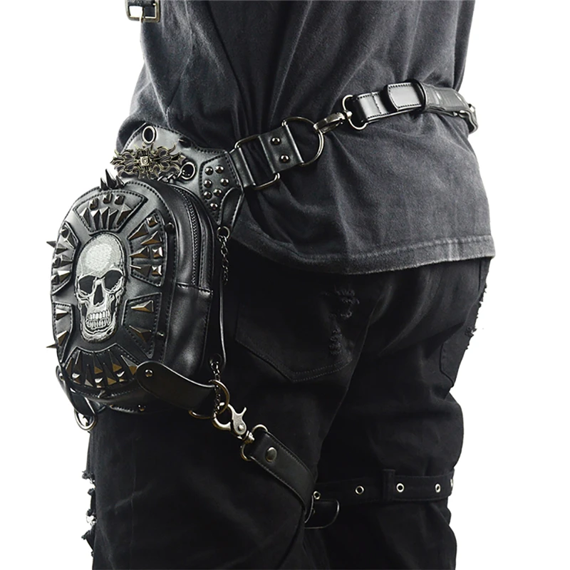 Gothic Steampunk Skull Bag Punk Women Messenger Bag Leather Rivet Waist Leg Bags Fashion Retro Rock Motorcycle Leg Bag for Men