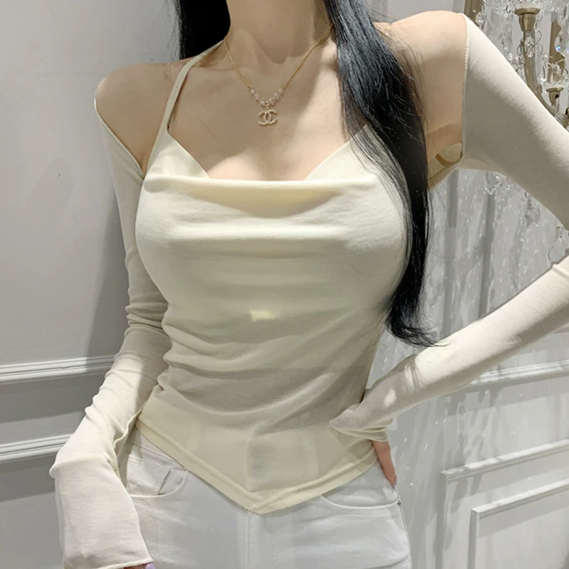 Faionable ort Sexy Crop Top And Vest Set for Women Ne Hanging Design Elastic Long Sve Sweater Korean Sle Winter Wear
