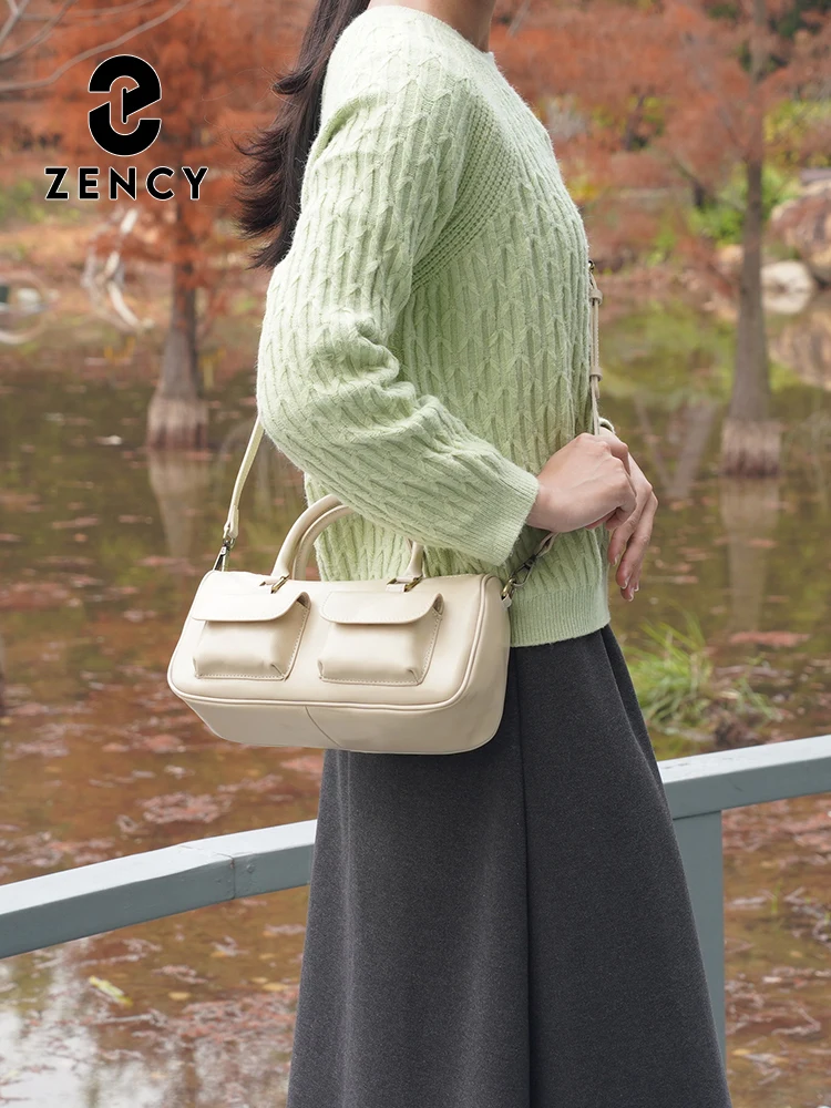 Zency Apricot Genuine Leather Cowhide Leather Shoulder Bag Design Handbag Women Shoulder Bag Multi-functional Crossbody Bags