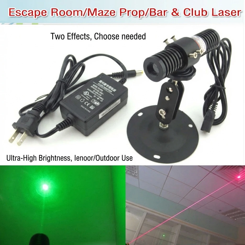 The escape room features a kit with thick beams of green and red laser lights.